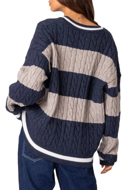 Shop Edikted Romie Cable Knit V-neck Sweater In Navy