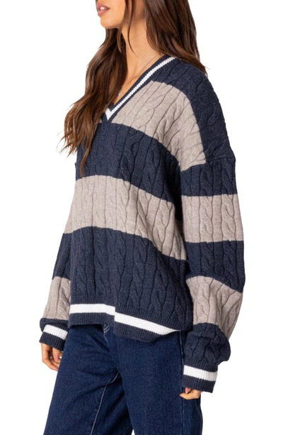 Shop Edikted Romie Cable Knit V-neck Sweater In Navy