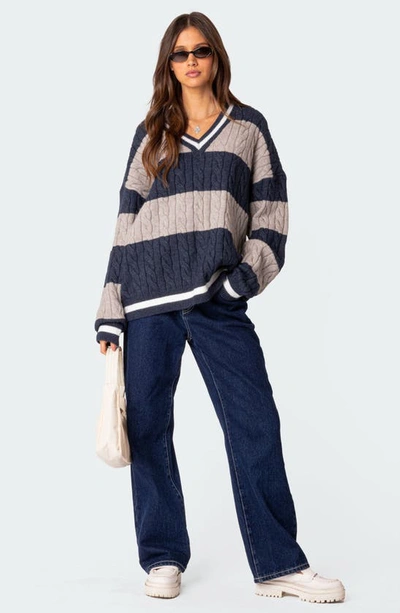 Shop Edikted Romie Cable Knit V-neck Sweater In Navy