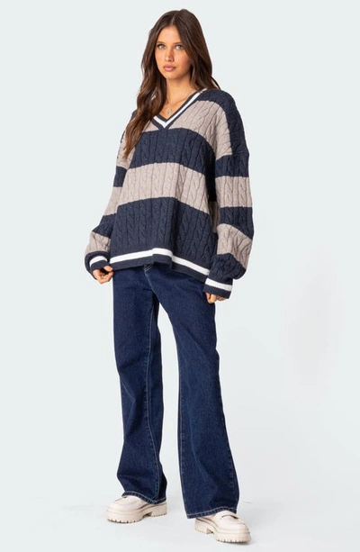 Shop Edikted Romie Cable Knit V-neck Sweater In Navy