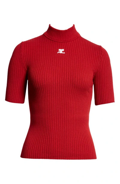 Shop Courrèges Embroidered Logo Mock Neck Rib Sweater In Red