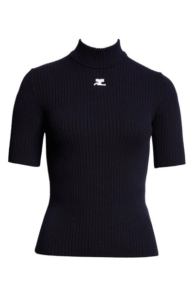 Courrèges Reedition Short Sleeves Ribbed Knitted Sweater Clothing In Navy
