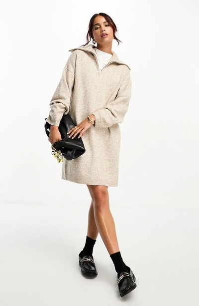 Shop Asos Design Quarter Zip Long Sleeve Sweater Dress In Beige