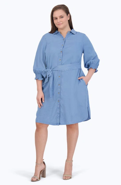 Shop Foxcroft Abby Belted Long Sleeve Shirtdress In Blue Wash