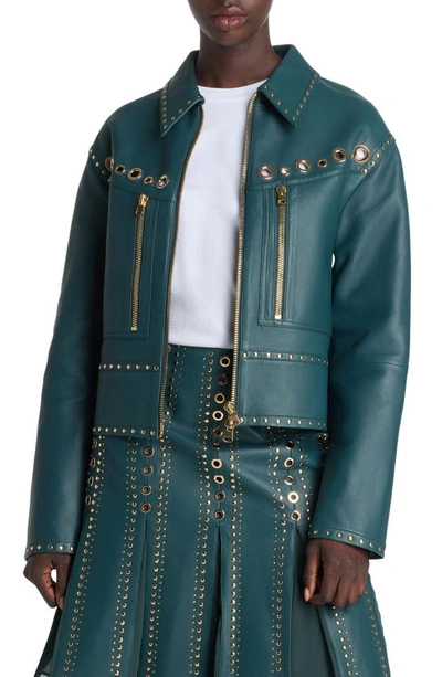 Shop St John Embellished Leather Jacket In Prussian Blue