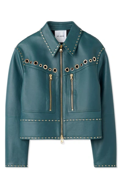 Shop St John Embellished Leather Jacket In Prussian Blue