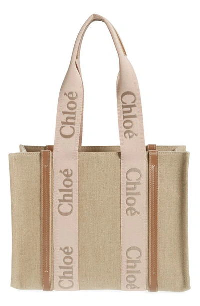 Shop Chloé Medium Woody Linen Canvas Tote In Blushy Beige