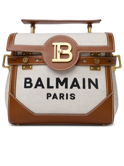 Shop Balmain 'b-buzz 23' Brown Leather And Fabric Bag In Beige