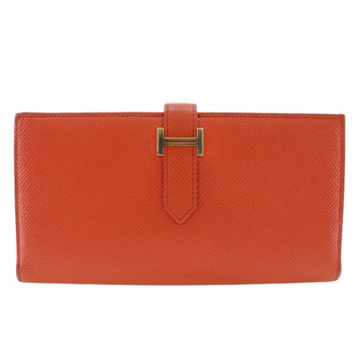Shop Hermes Béarn Leather Wallet () In Orange
