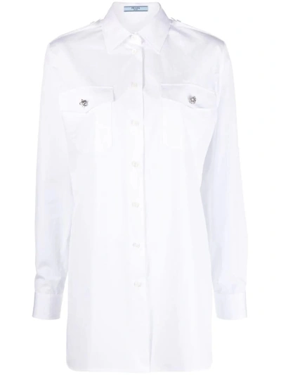 Shop Prada Crystal-button Cotton Shirt In Bianco