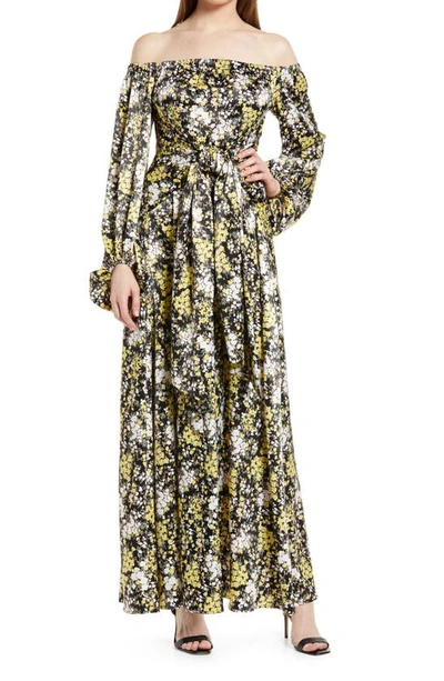 Shop Fourteenth Place Vaiana Long Sleeve Tie Waist Off The Shoulder Satin Maxi Dress In Black Yellow Bloom
