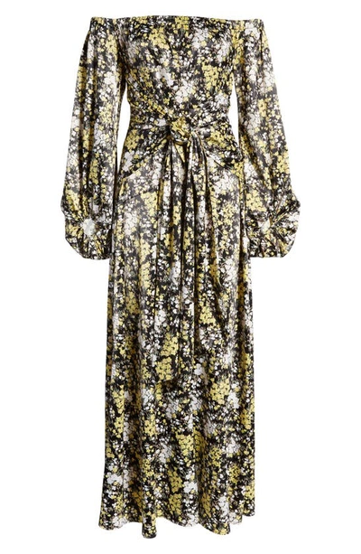 Shop Fourteenth Place Vaiana Long Sleeve Tie Waist Off The Shoulder Satin Maxi Dress In Black Yellow Bloom
