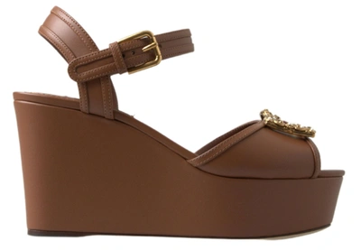 Shop Dolce & Gabbana Brown Leather Amore Wedges Sandals Shoes