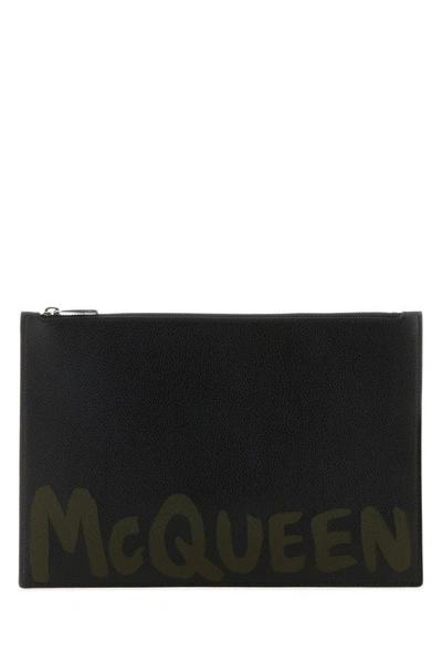 Alexander Mcqueen Leather Clutch With Mcqueen Graffiti Logo In Black