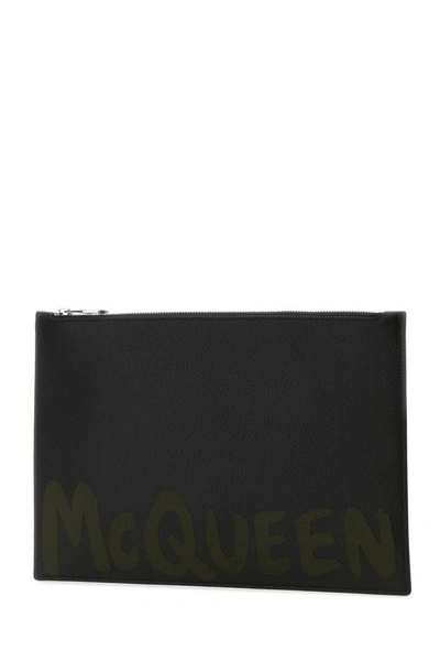 Alexander Mcqueen Leather Clutch With Mcqueen Graffiti Logo In Black