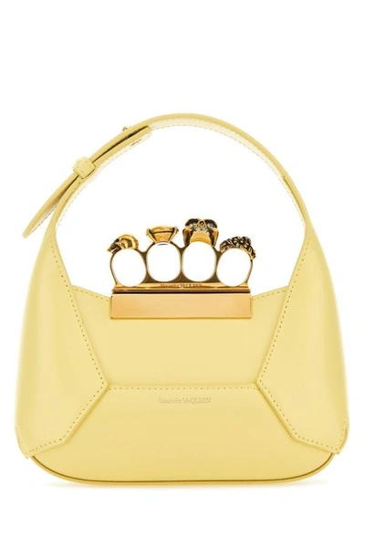 Shop Alexander Mcqueen Woman Pastel Yellow Leather Mini Jewellered Hobo Handbag