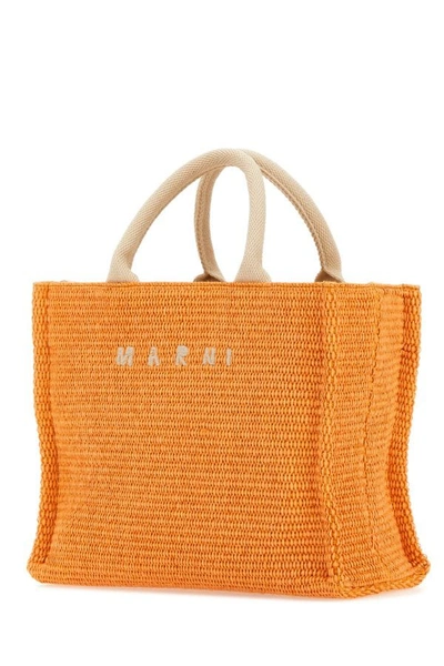 Shop Marni Woman Orange Raffia Small Shopping Bag