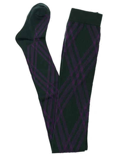 Shop Burberry Black And Violet Thights With Argyle Motif In Wool Blend Woman