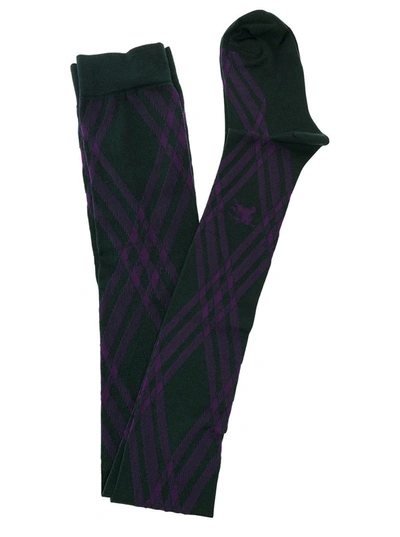 Shop Burberry Black And Violet Thights With Argyle Motif In Wool Blend Woman