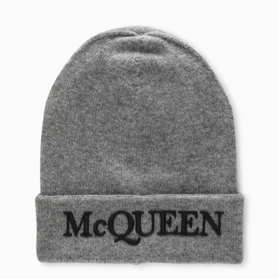 Shop Alexander Mcqueen Alexander Mc Queen Grey Beanie With Logo Embroidery