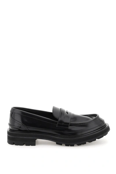 Shop Alexander Mcqueen Brushed Leather Penny Loafers