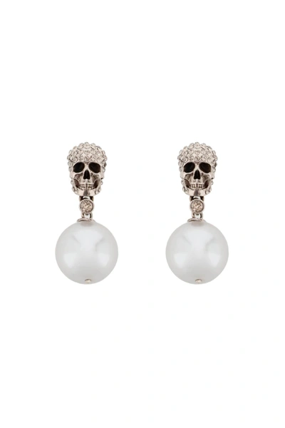 Shop Alexander Mcqueen Pearl Skull Earrings With Crystal Pavé