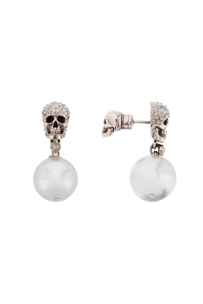 Shop Alexander Mcqueen Pearl Skull Earrings With Crystal Pavé