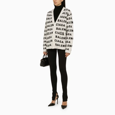Shop Balenciaga White/black All Over Logo Cardigan Sweater