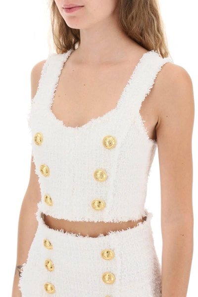 Shop Balmain Cropped Tank Top In Monochrome Tweed