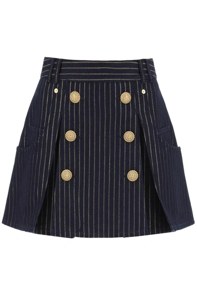 Shop Balmain Pinstriped Denim Mini Skirt