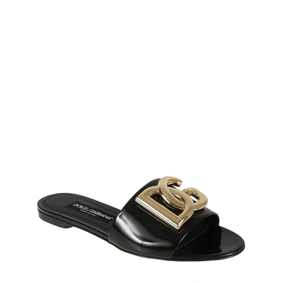 Dolce & Gabbana Dg Logo Leather Slides In Black ModeSens