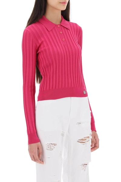 Shop Dolce & Gabbana Long Sleeved Polo Shirt In Ribbed Knit
