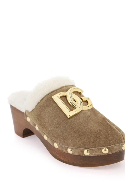 Shop Dolce & Gabbana Suede And Faux Fur Clogs With Dg Logo.