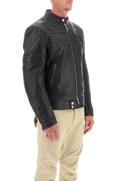 Shop Dsquared2 Leather Biker Jacket With Contrasting Lettering