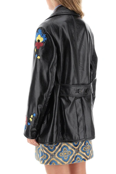 Shop Etro Jacket In Patent Faux Leather With Floral Embroideries