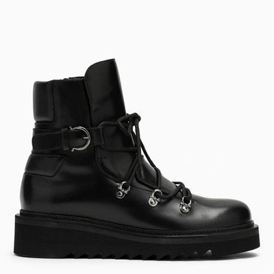 Shop Ferragamo Black Leather Lace Up Boot