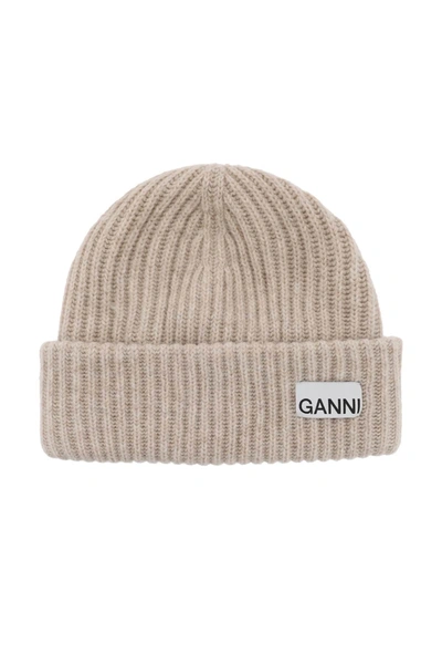 Shop Ganni Beanie Hat With Logo Patch