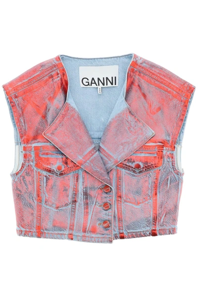 Shop Ganni Cropped Vest In Laminated Denim