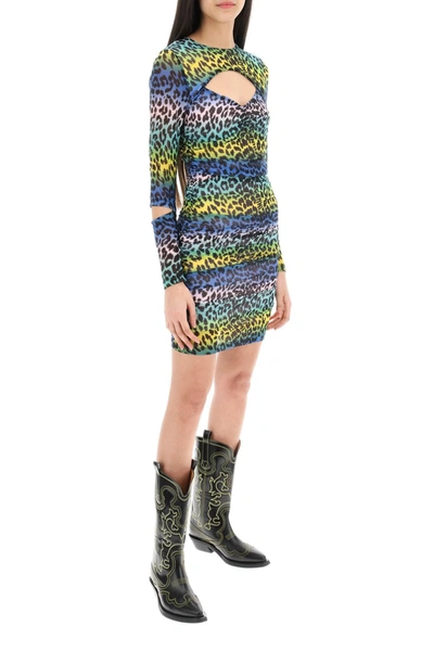 Shop Ganni Multicolored Leopard Print Mesh Minidress