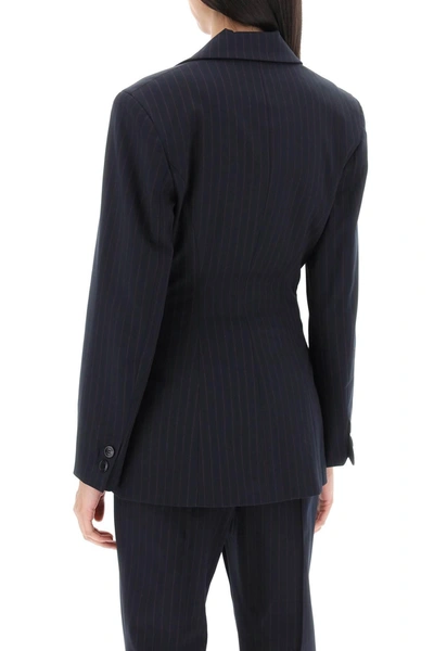 Shop Ganni Single Breasted Pinstriped Blazer