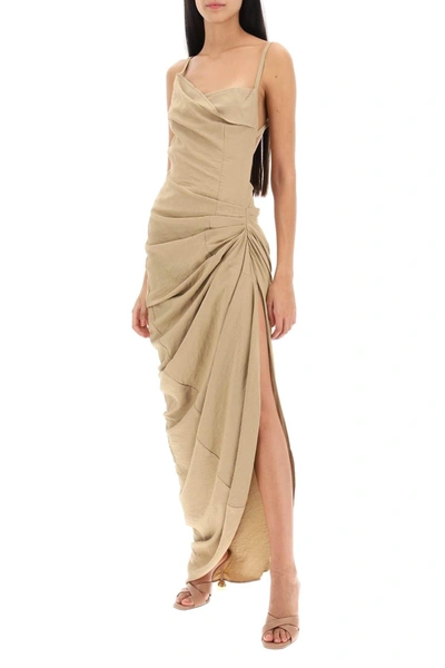 Shop Jacquemus La Robe Saudade Longue Asymmetric Draped Dress