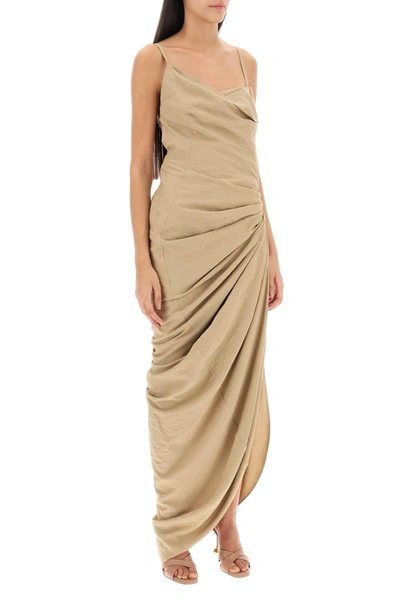 Shop Jacquemus La Robe Saudade Longue Asymmetric Draped Dress