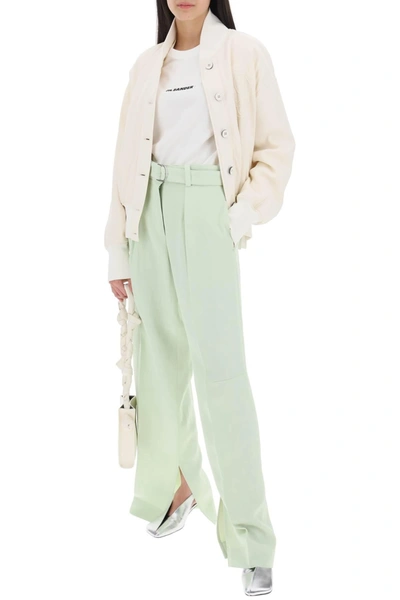 Shop Jil Sander Belted Linen Blend Trousers