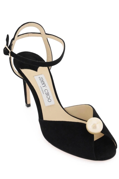 Shop Jimmy Choo Sacora 85 Suede Sandals With Pearl Ball