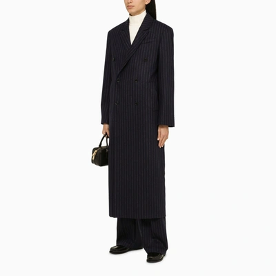 Shop Loulou Studio Double Breasted Navy Pinstripe Coat