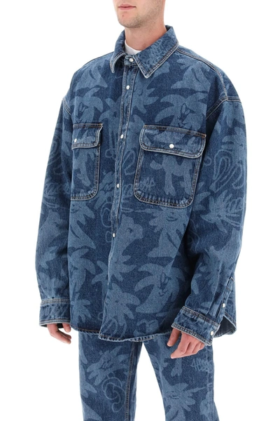 Shop Palm Angels 'palmity' Overshirt In Denim With Laser Print All Over