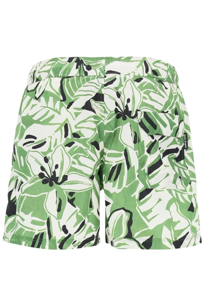 Shop Palm Angels Swimtrunks With Hibiscus Print