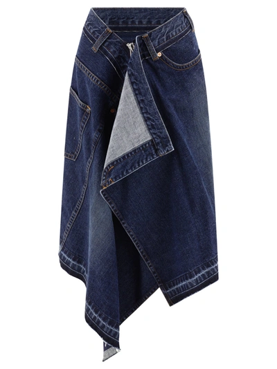 Shop Sacai Asymmetric Denim Midi Skirt