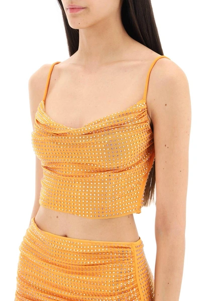 Shop Self-portrait Self Portrait Cropped Top In Mesh With Rhinestones All Over