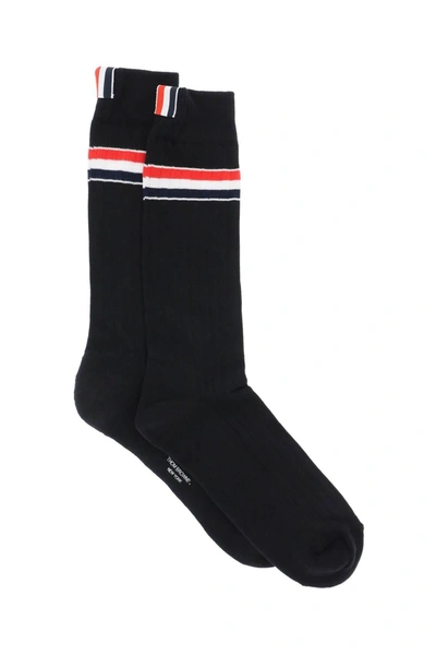 Shop Thom Browne Mid Calf Socks With Stripe Detail